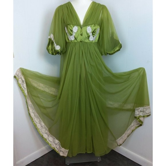 Vintage Other - Incredible Vtg 2 Pc 100% Nylon Tricot Peignoir Nightgown & Robe Set Green Lace